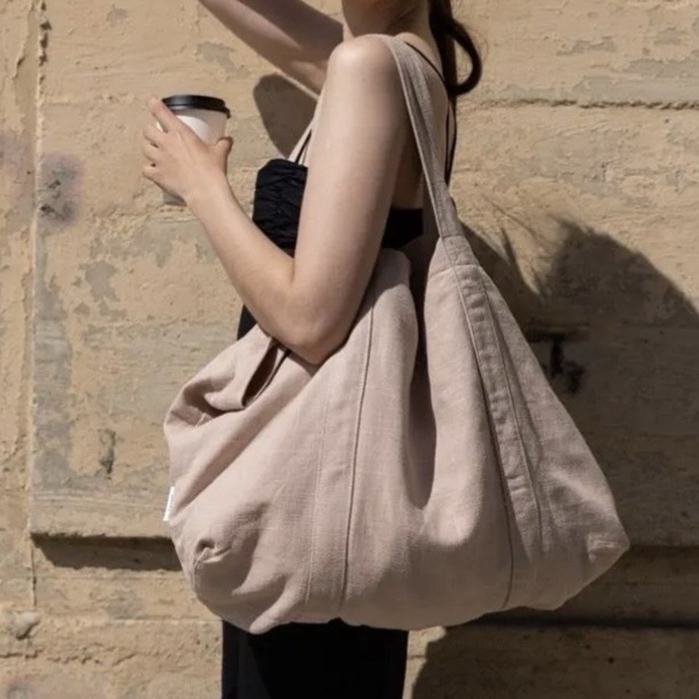 Urban French Large Linen Tote Bag Hobo Slouchy Shoulder Bag Beige Made In Korea - Picture 3 of 14